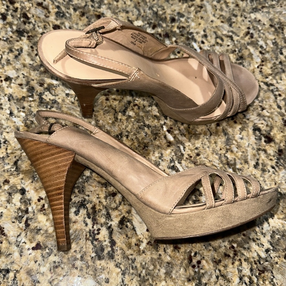 Nine West STUNNER Nude leather strappy sling back heels, 10.5 - Picture 3 of 8